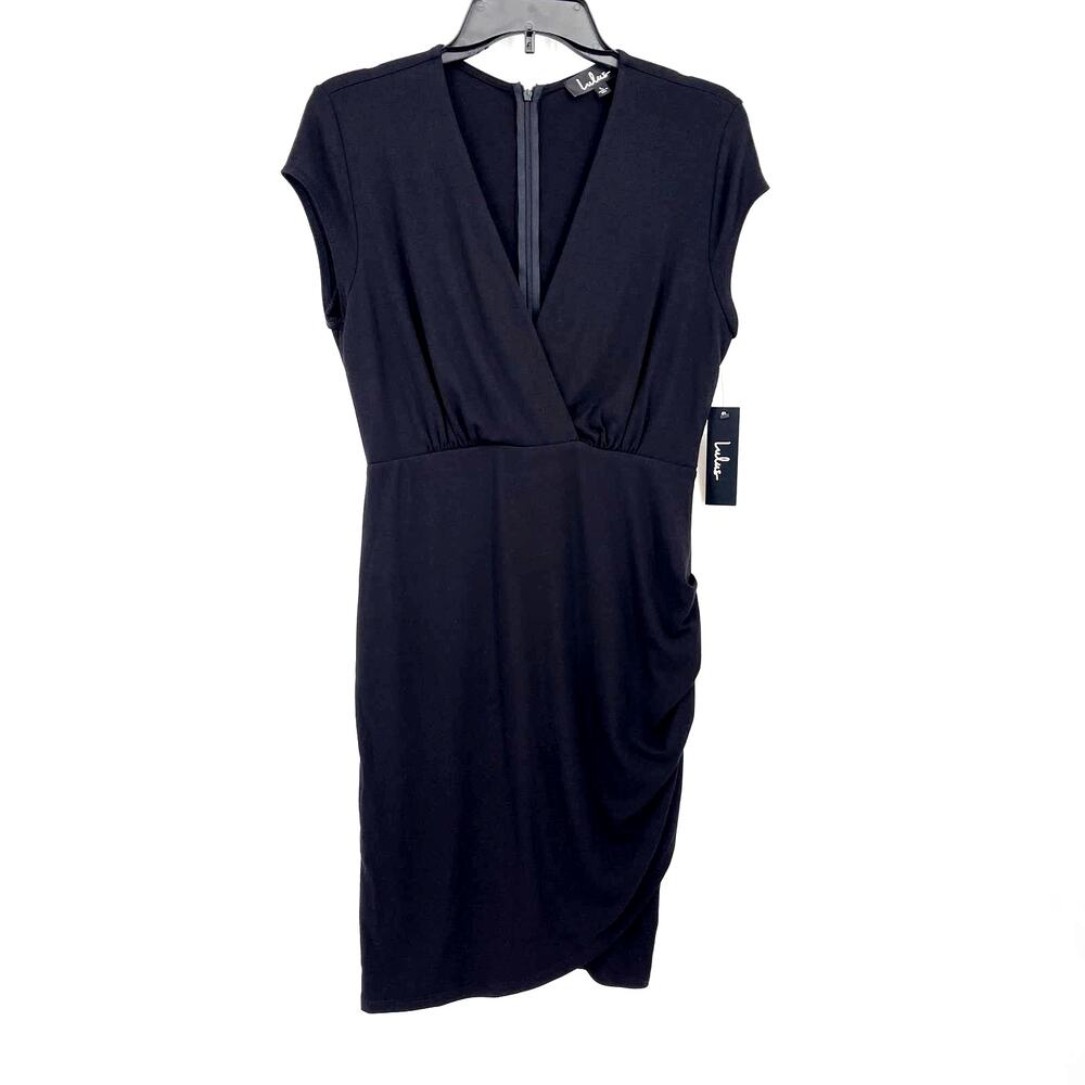 Lulu's V-Neck Wiggle Dress Womens Size Large Faux Wrap Solid Black
